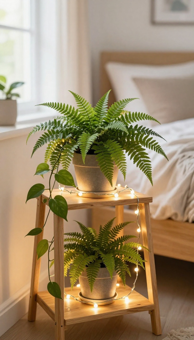 Cozy bedroom corner with plants and fairy lights creating a warm glow