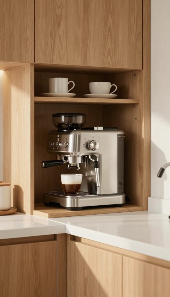 Built-in coffee station with grinder and milk frother in a modern kitchen