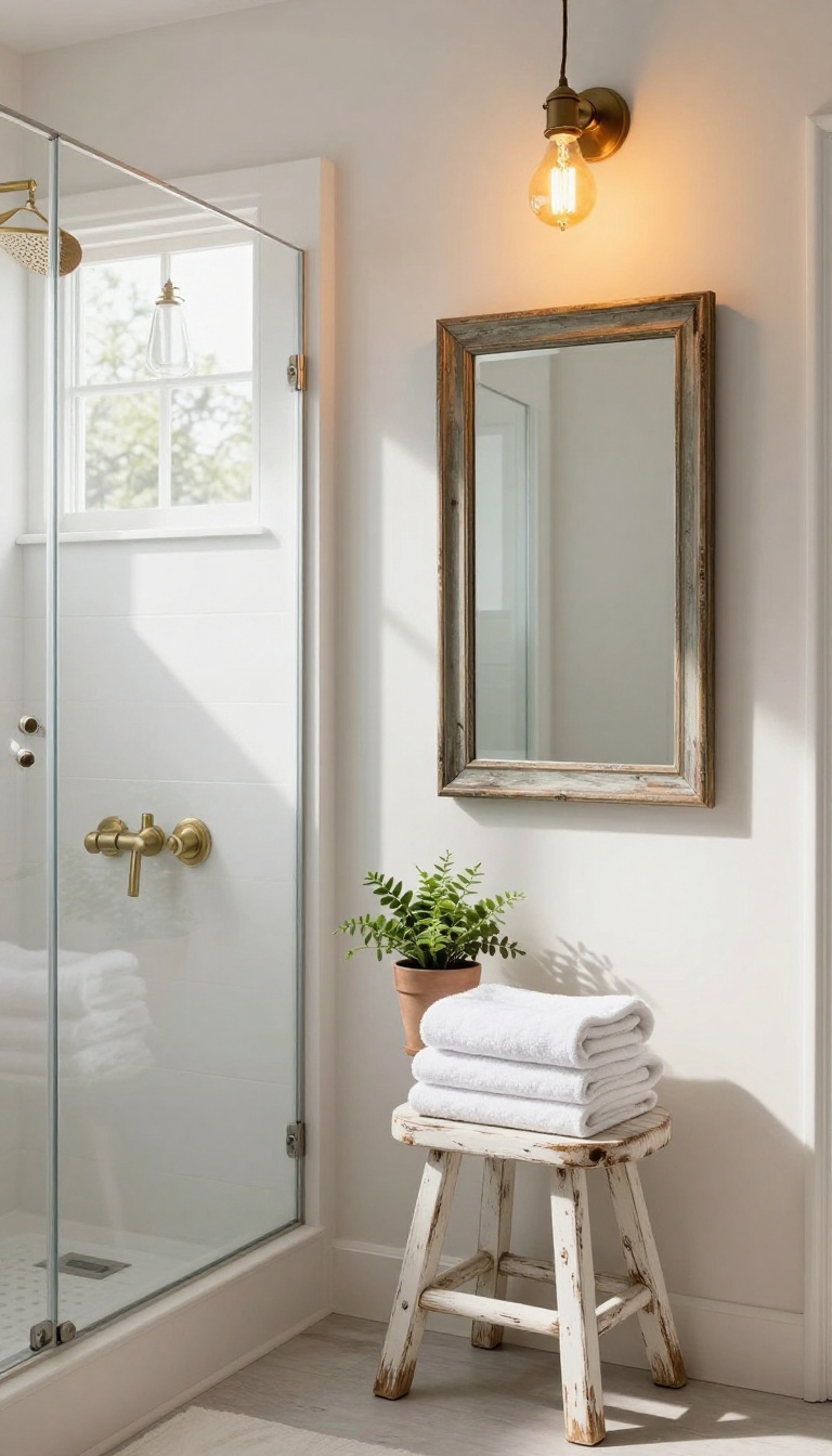 Vintage-inspired lighting and rustic accessories in a farmhouse shower