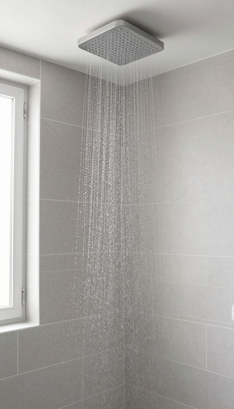 Small bathroom with a ceiling-mounted rain showerhead and clear glass door, creating a spa-like feel