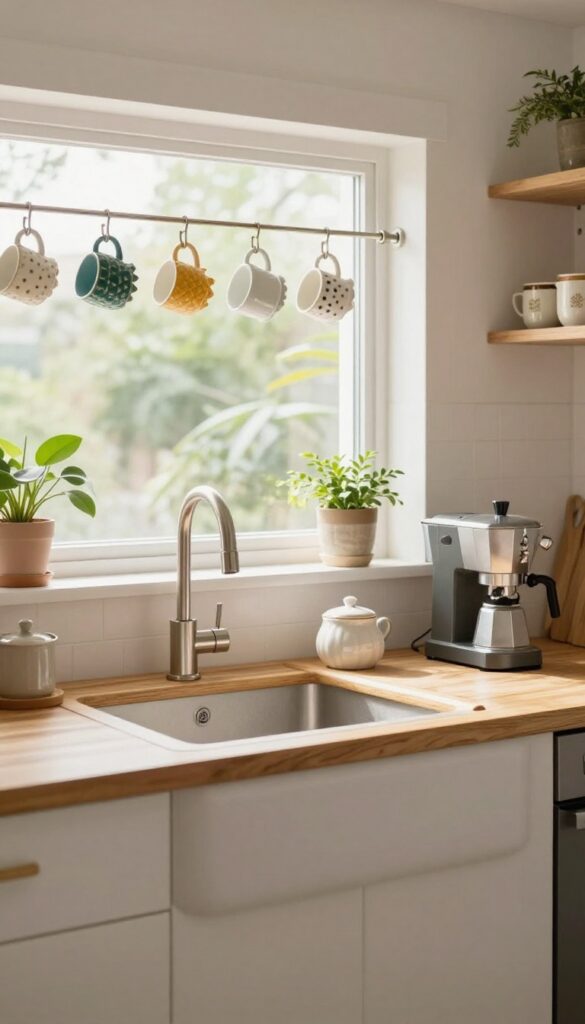 Over-the-sink coffee station with a bamboo shelf, espresso machine, and hanging mugs on a tension rod in a bright kitchen