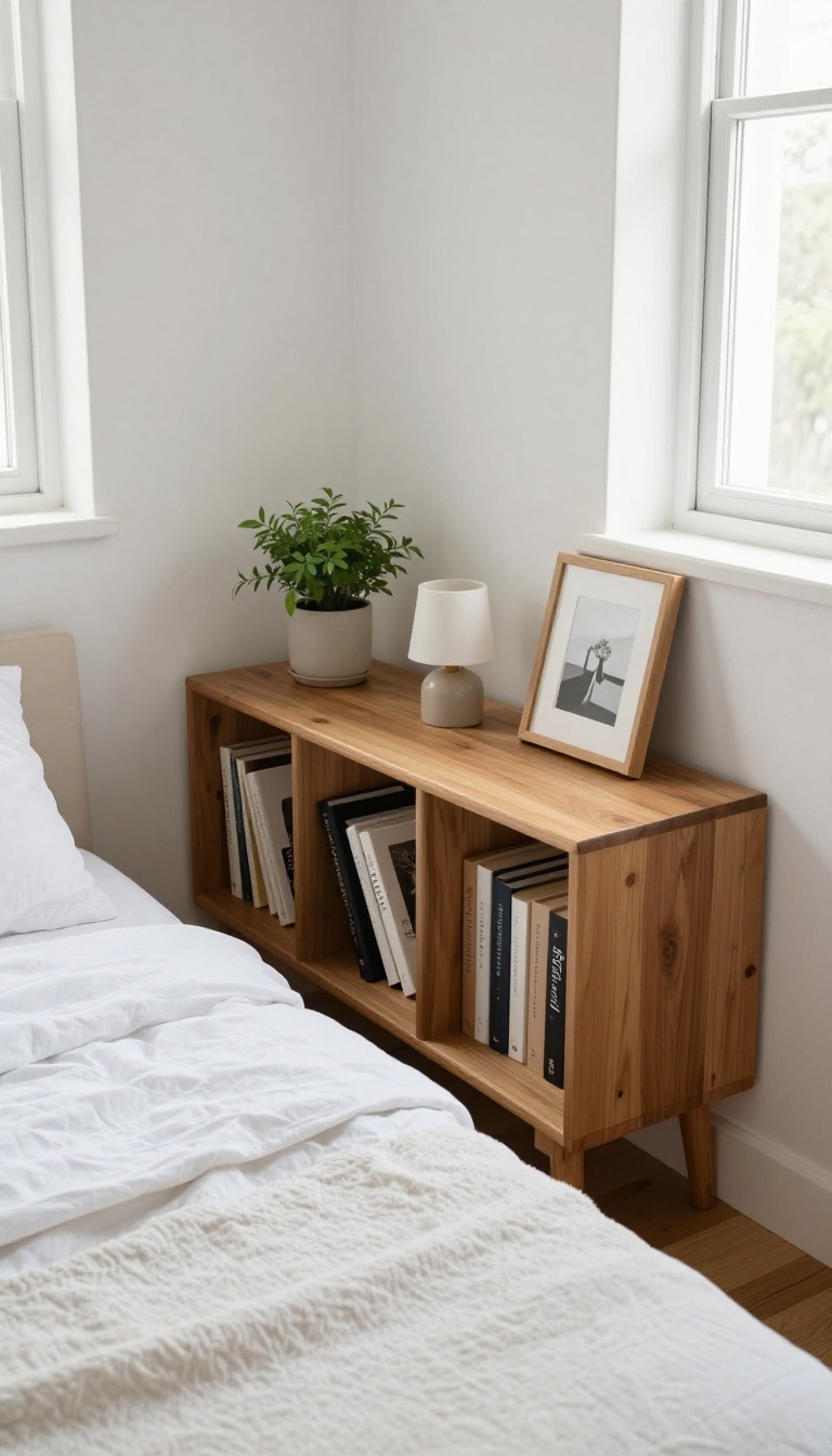 Low bookshelf used as a headboard in a small bedroom, styled with books, a lamp, and a plant.