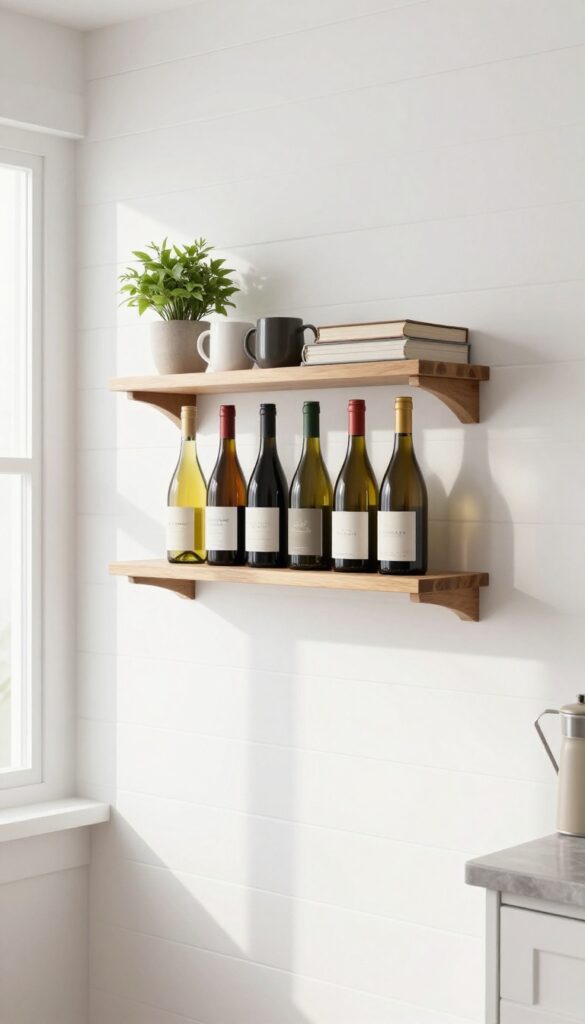Wall-mounted wine rack with shelf displaying wine bottles, a plant, mugs, and a cookbook in a bright kitchen