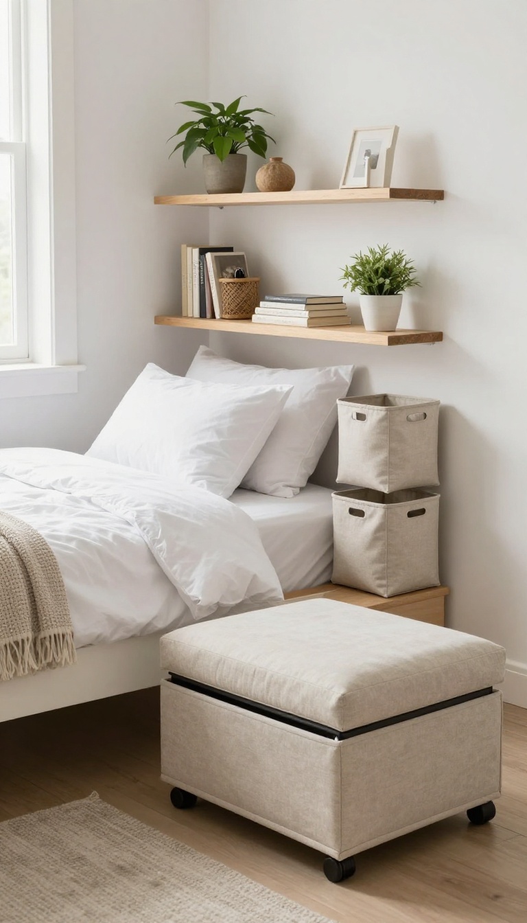 Small bedroom with smart storage solutions: under-bed bins, floating shelves, storage ottoman, and bed with built-in drawers, creating a tidy and serene hotel-like atmosphere.