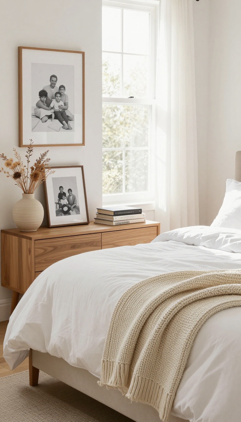 Guest room nightstand with framed family photo, ceramic vase, books, and woven textile in soft natural light