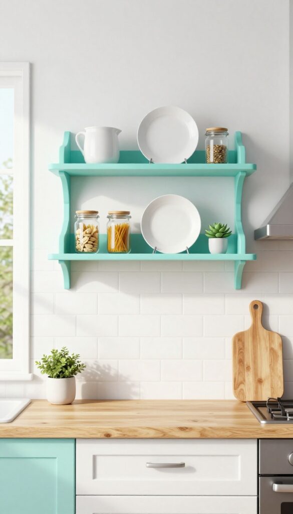 Turquoise floating shelves in a bright kitchen holding dishes and jars, with natural light