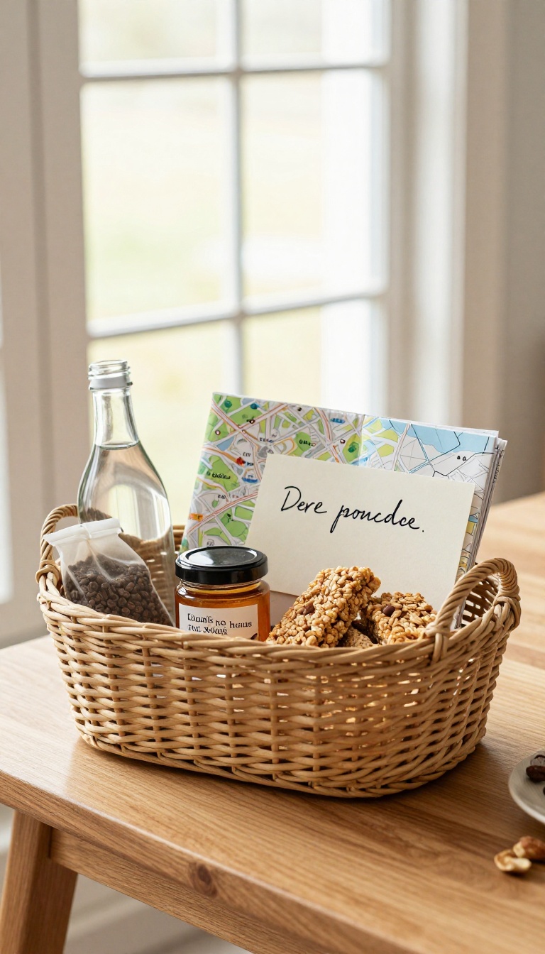 Welcome basket with local snacks, map, and handwritten note in a guest house
