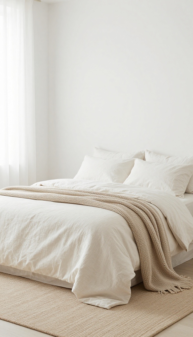 A calm guest room with neutral tones and layered textures, bathed in natural light