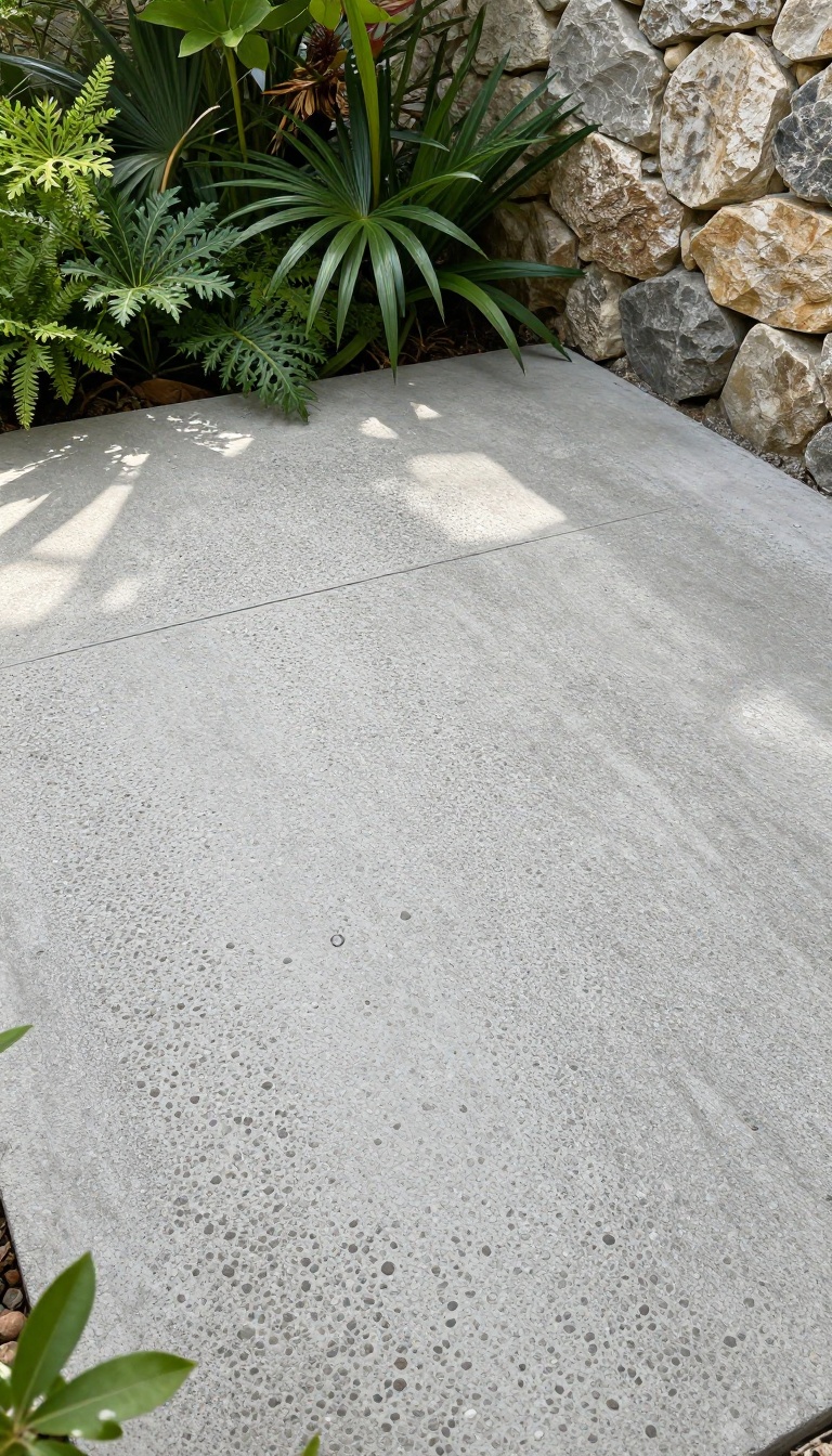 Close-up of an exposed aggregate concrete outdoor shower floor with pebbled texture and natural drainage.