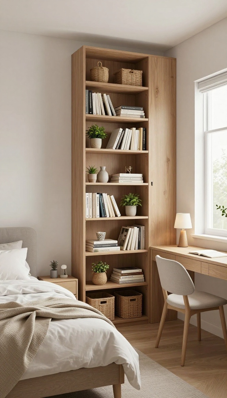 Small bedroom with a tall bookcase used as a room divider, separating a bed from a desk area, in bright natural light.