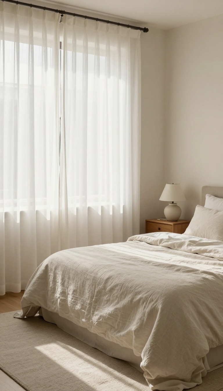 Cozy small bedroom with sheer curtains and soft natural light