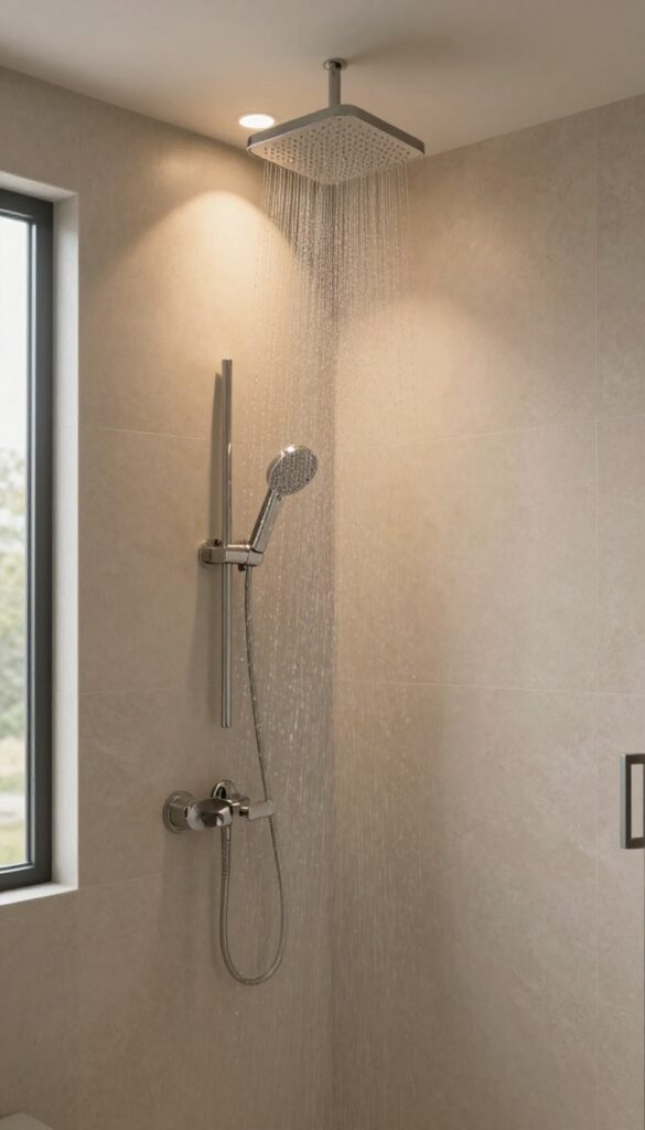 Modern bathroom shower with dimmed warm lighting creating a relaxing spa-like glow