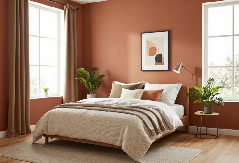 Cozy small bedroom with bold accent wall and layered decor