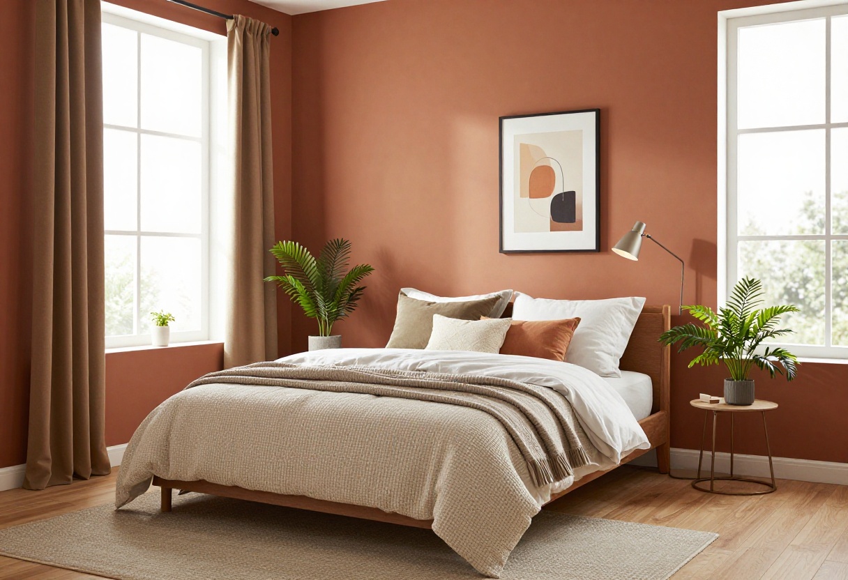 Cozy small bedroom with bold accent wall and layered decor