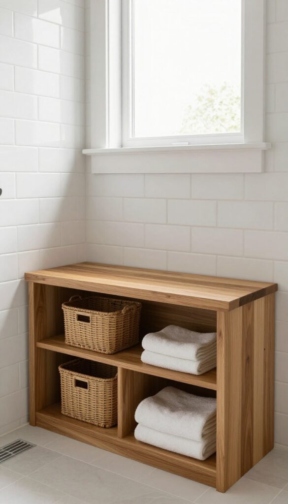 Two-tier shower bench with storage baskets below in a bright, modern bathroom