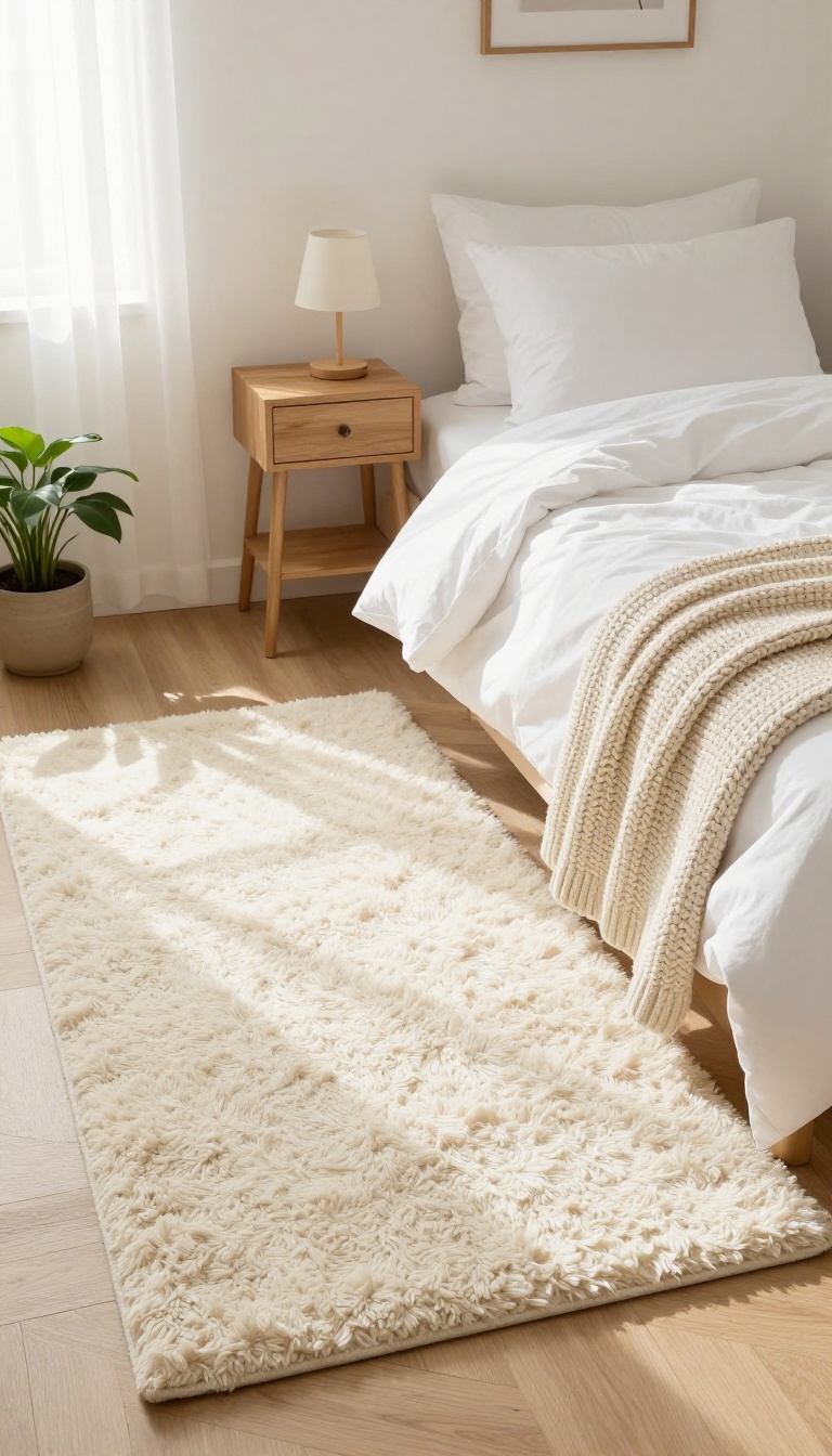 Plush area rug partially under a bed in a cozy small bedroom with warm lighting and layered textures.