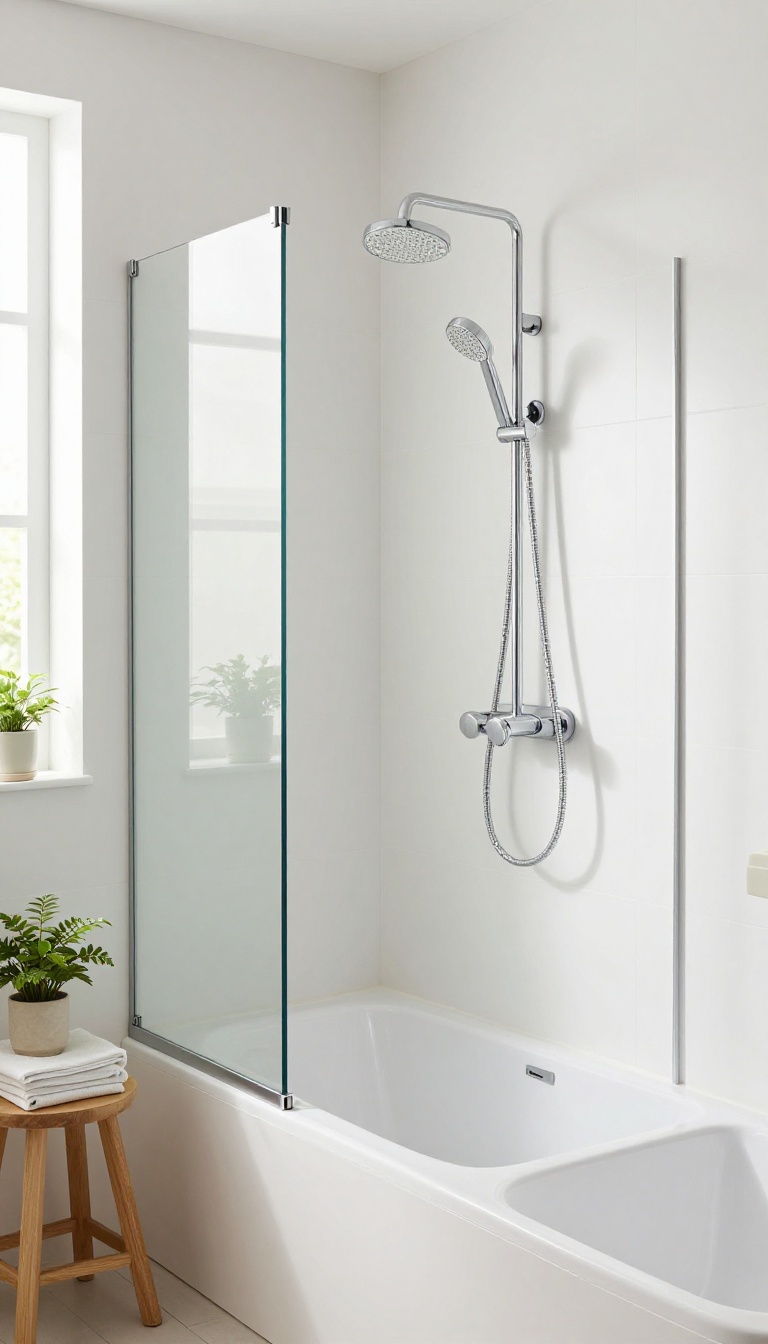 Compact bathtub with built-in shower panel in a small modern bathroom