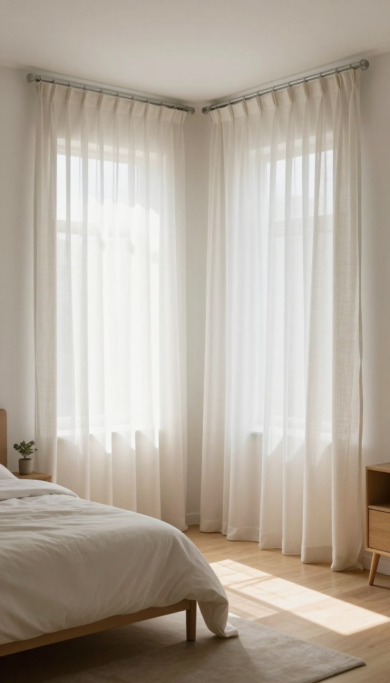 Small bedroom with high-mounted wide sheer curtains making the room feel taller and the window larger