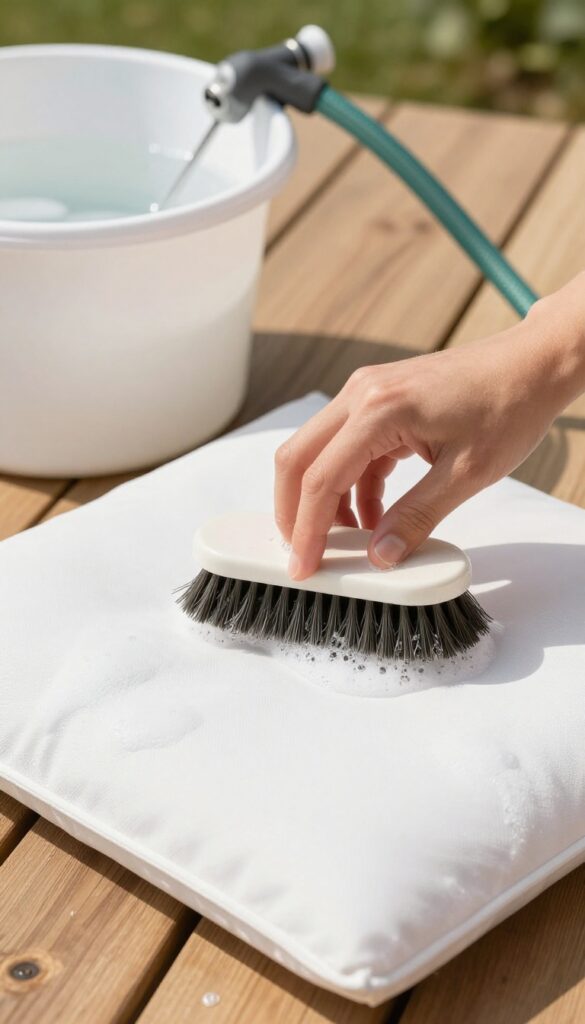 Hand scrubbing an outdoor cushion with a soft brush and soapy water on a sunny deck.