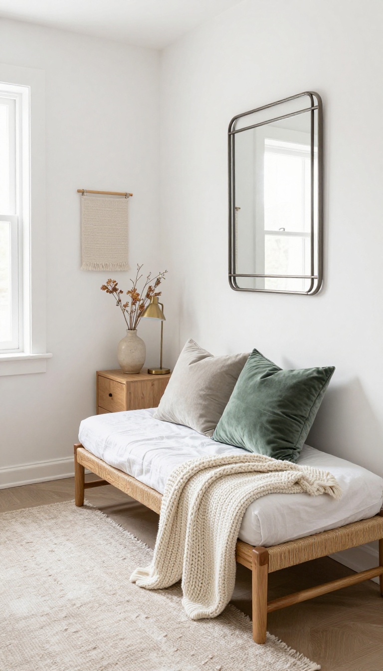 Small bedroom with mixed textures: linen bedding, velvet pillow, knit throw, wooden bench, metal mirror, brass lamp, and woven rug.