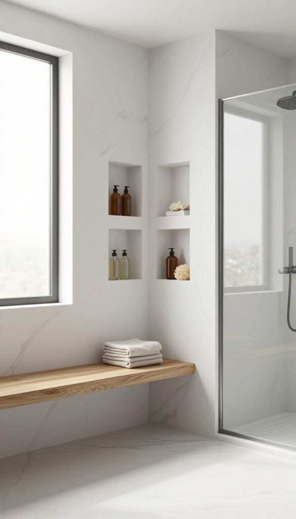 L-shaped shower bench with built-in cubbies for storage in a bright, modern bathroom