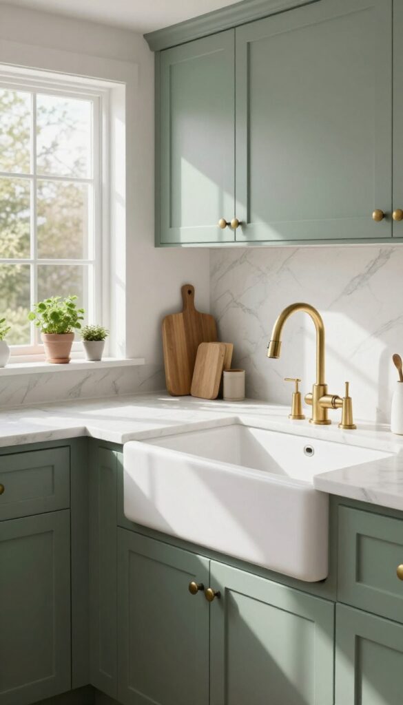 Modern farmhouse kitchen with white apron-front sink, sage green cabinets, and marble countertop in natural light