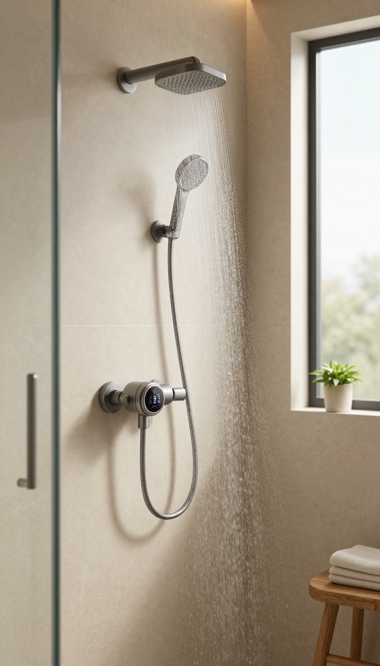 Modern bathroom shower with a thermostatic valve and rainfall showerhead in soft natural light
