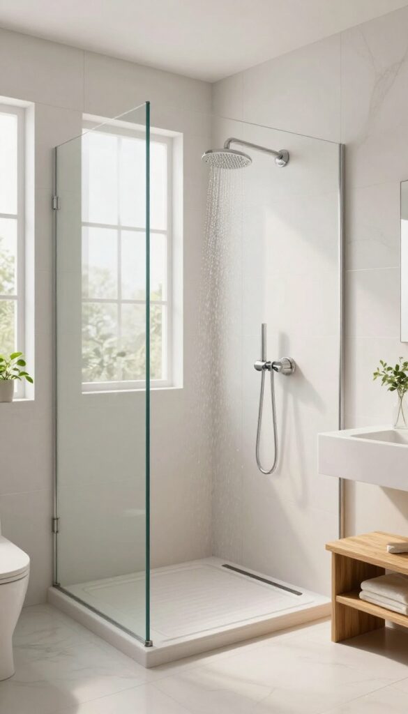 Modern double shower with linear drain and large-format tiles