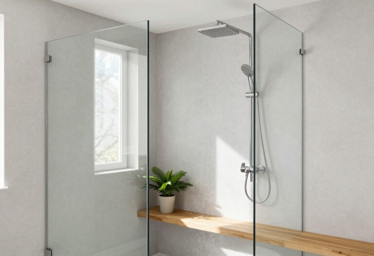 Modern bathroom with a double head shower setup including a rainfall head and a handheld shower head.