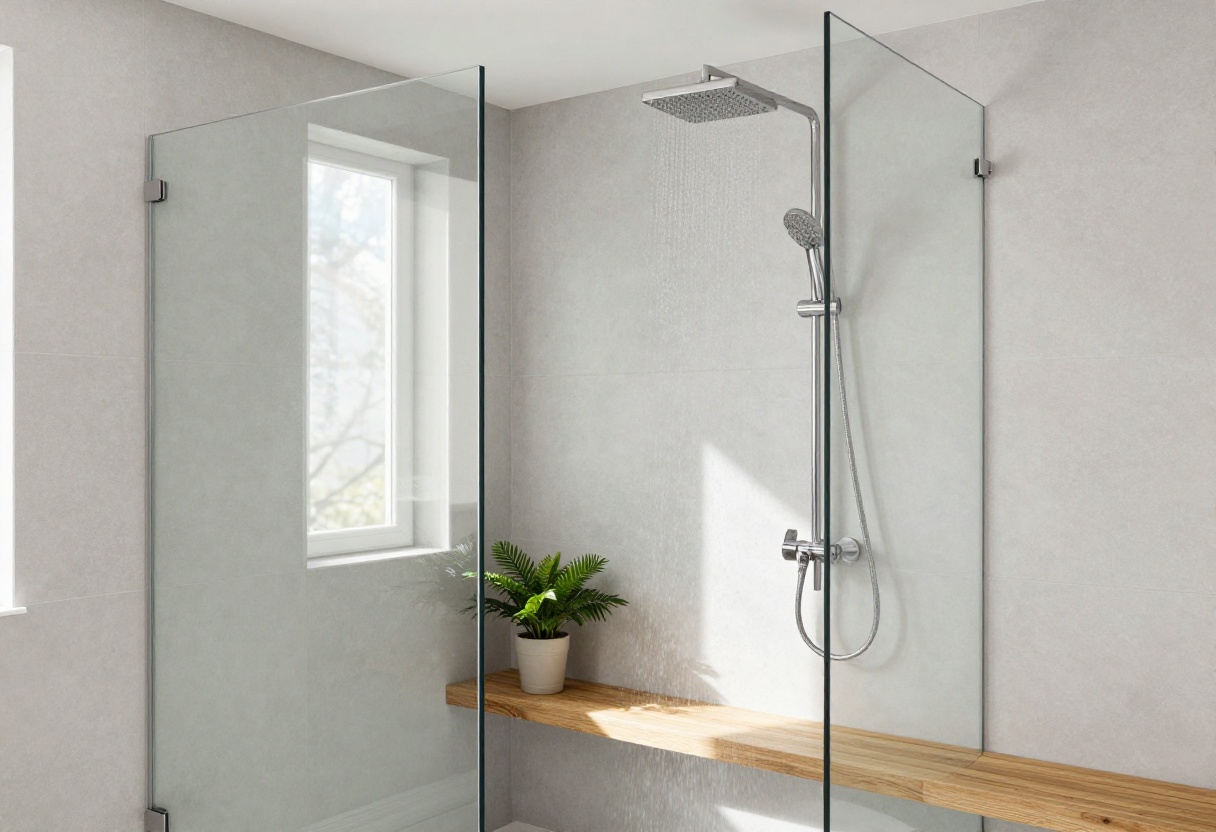 Modern bathroom with a double head shower setup including a rainfall head and a handheld shower head.