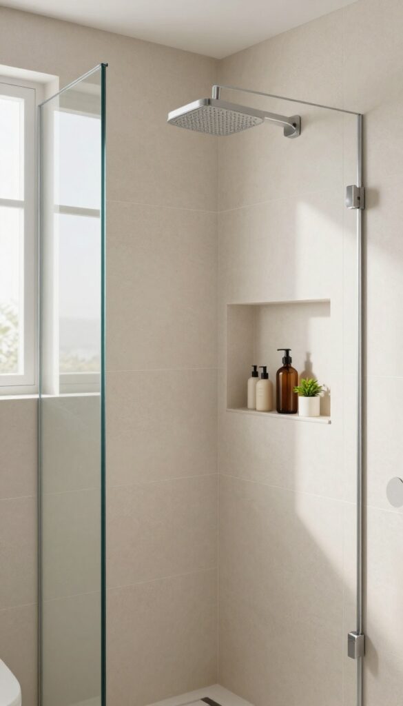 Small bathroom shower with a recessed tiled niche holding shampoo bottles and a plant, showcasing clever storage without bulk.