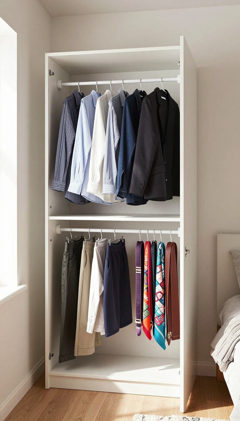 DIY closet organizer using tension rods in a small bedroom, with hanging clothes and accessories neatly arranged.