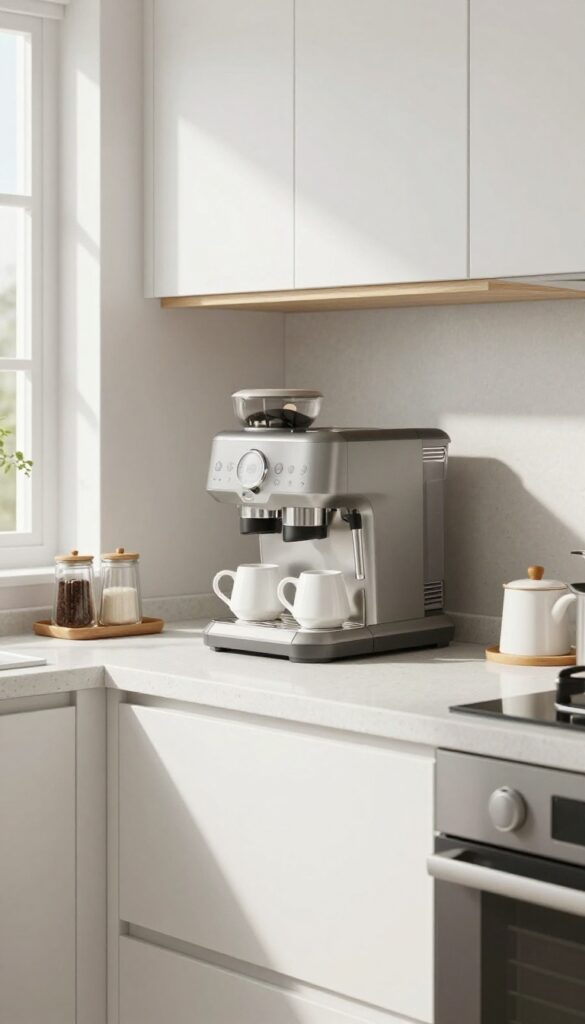 Under-cabinet coffee station with a slim shelf, espresso machine, and mug rack in a bright kitchen