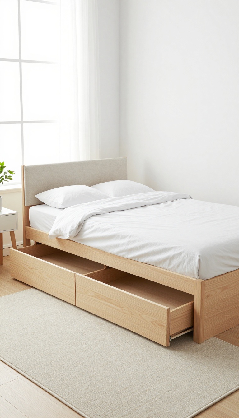 A low-profile platform bed with drawers in a bright, small bedroom, styled with light bedding and minimal decor.