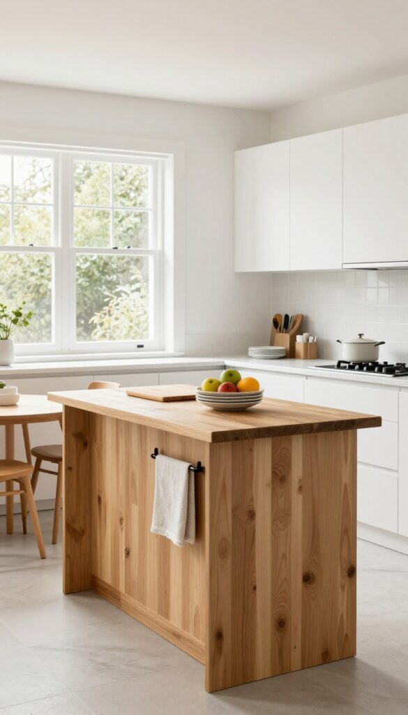 Modern small kitchen with a multifunctional rolling island featuring built-in storage, open shelves, and drawers, near a bright window