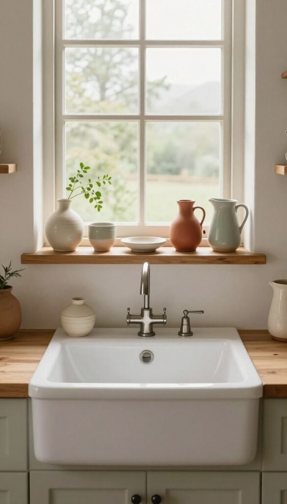 A collection of handmade ceramics in earthy tones displayed on a wooden shelf above a kitchen sink, adding artisan warmth and texture without clutter.