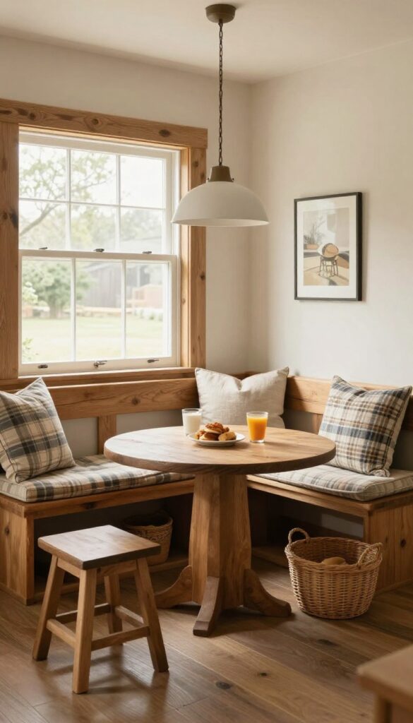 Cozy breakfast nook with built-in bench in a rustic barndominium kitchen