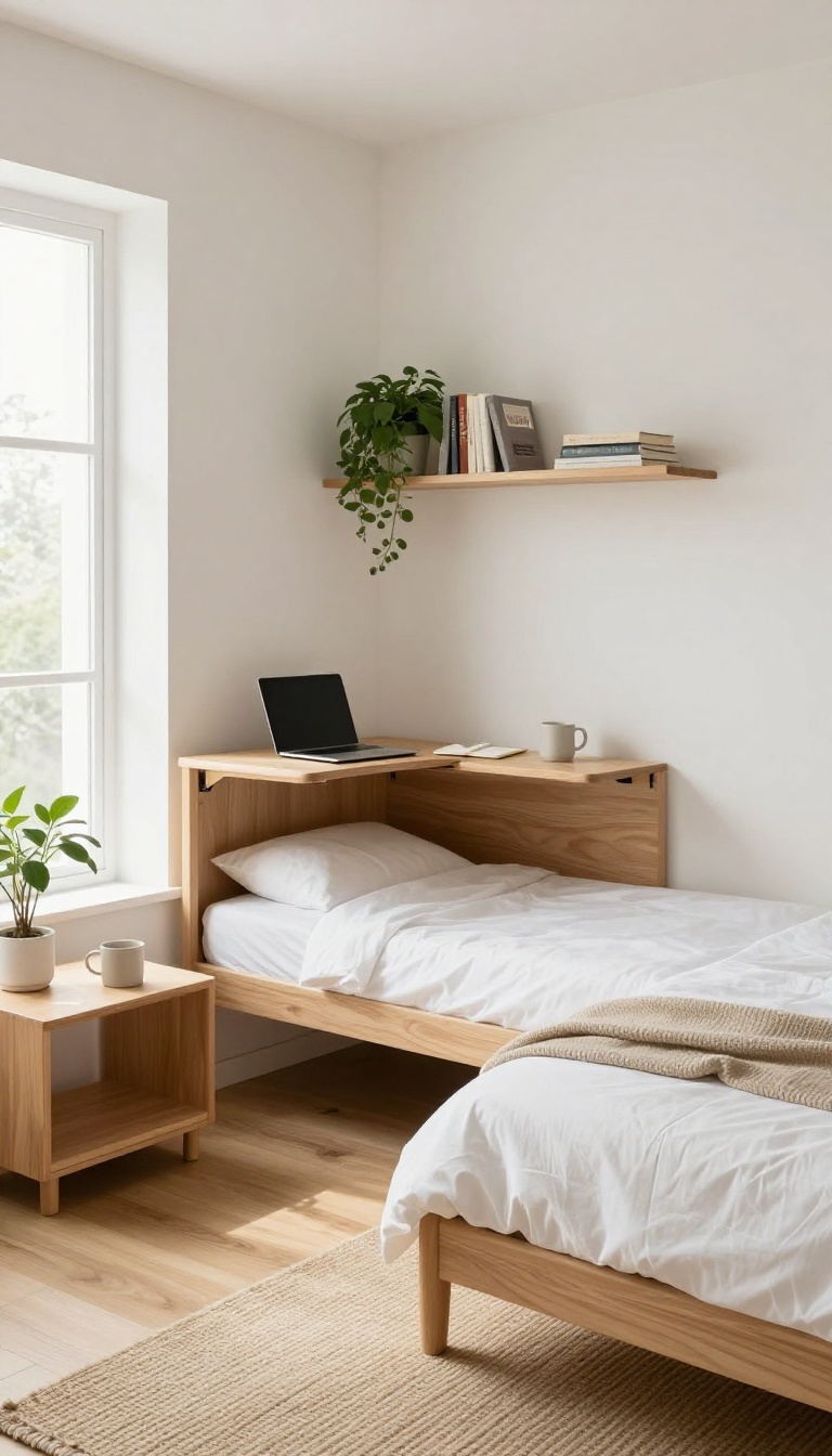 Guest bedroom with a fold-down desk integrated into the headboard, creating a dual-purpose space