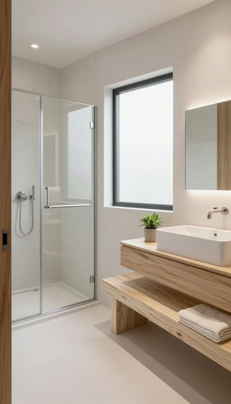 Large shower with built-in bench and natural light