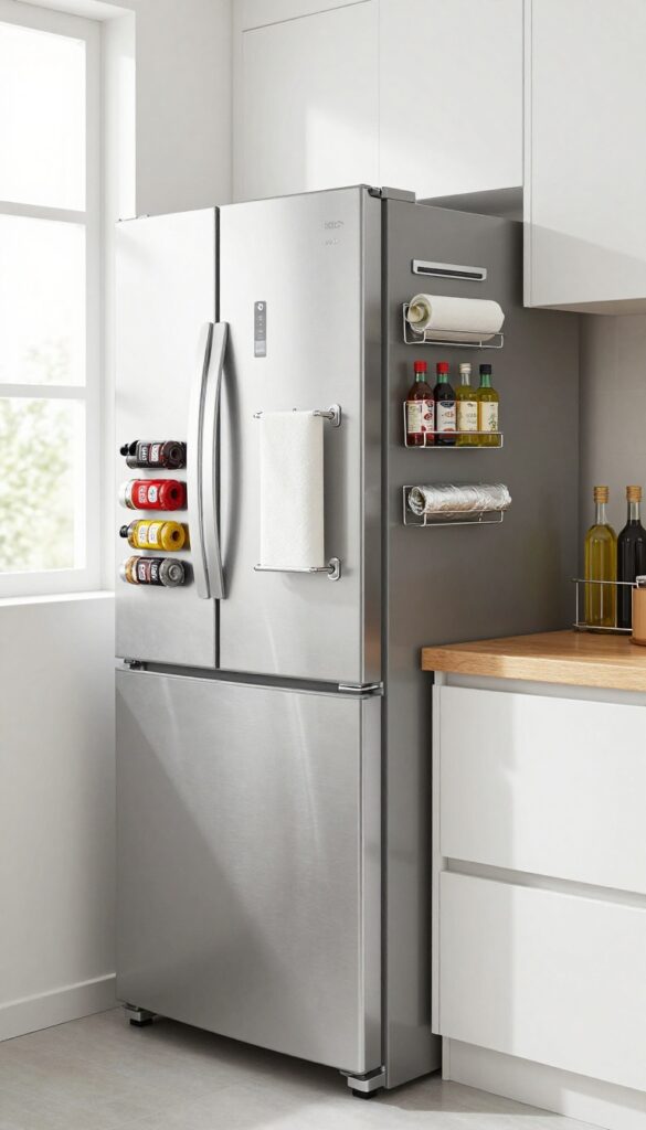Side of refrigerator with magnetic spice tins and paper towel holder in a bright modern kitchen