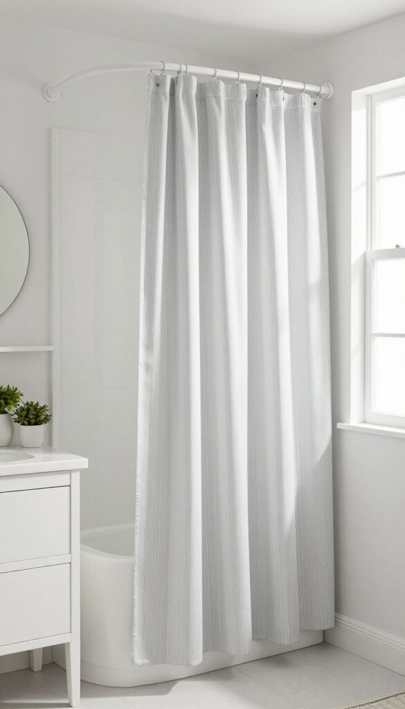 Bright small bathroom with a light gray striped shower curtain on a curved rod, creating an airy and spacious feel.