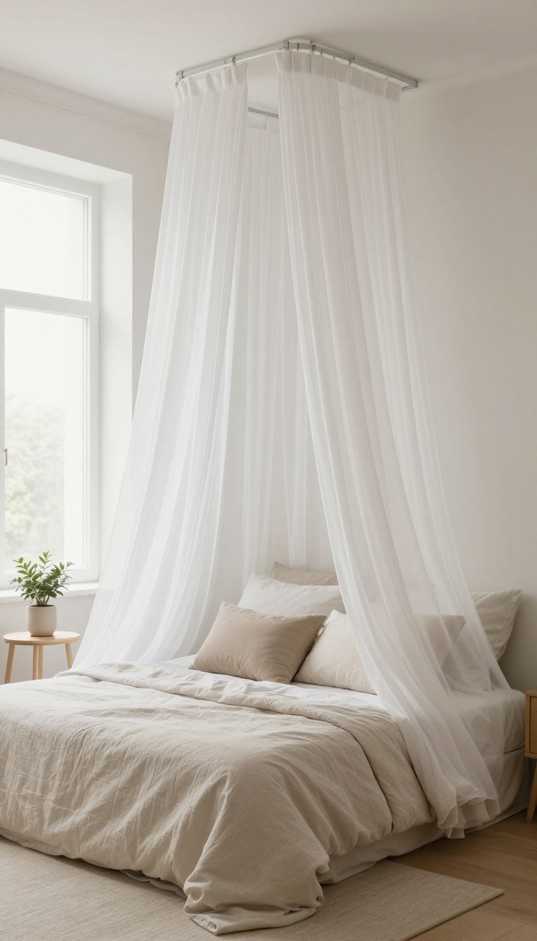 Small couple bedroom with ceiling-mounted curtain rod and sheer canopy curtains