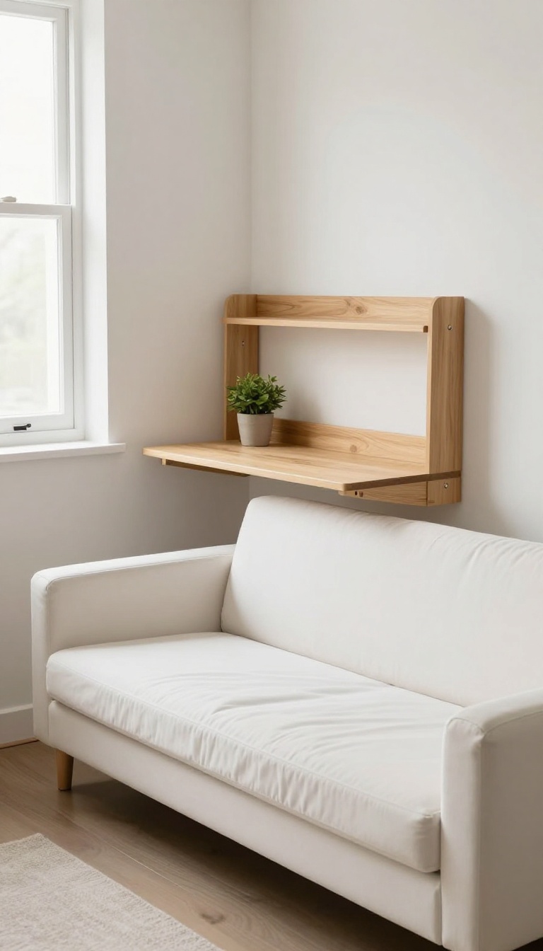 Guest room with futon and fold-down desk in daytime setup