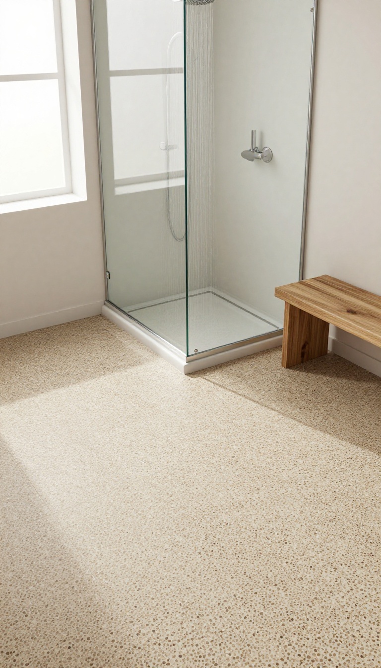 Walk-in shower with non-slip pebble tile flooring and modern fixtures