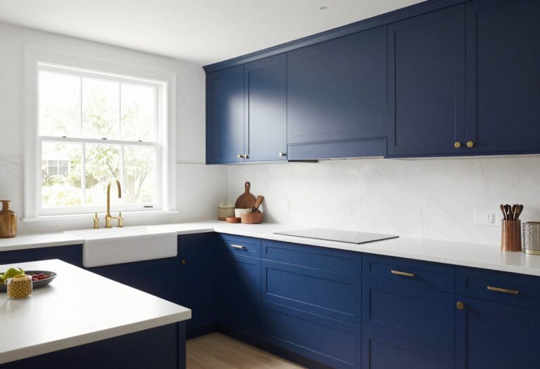 Modern kitchen with navy blue cabinets and white countertops
