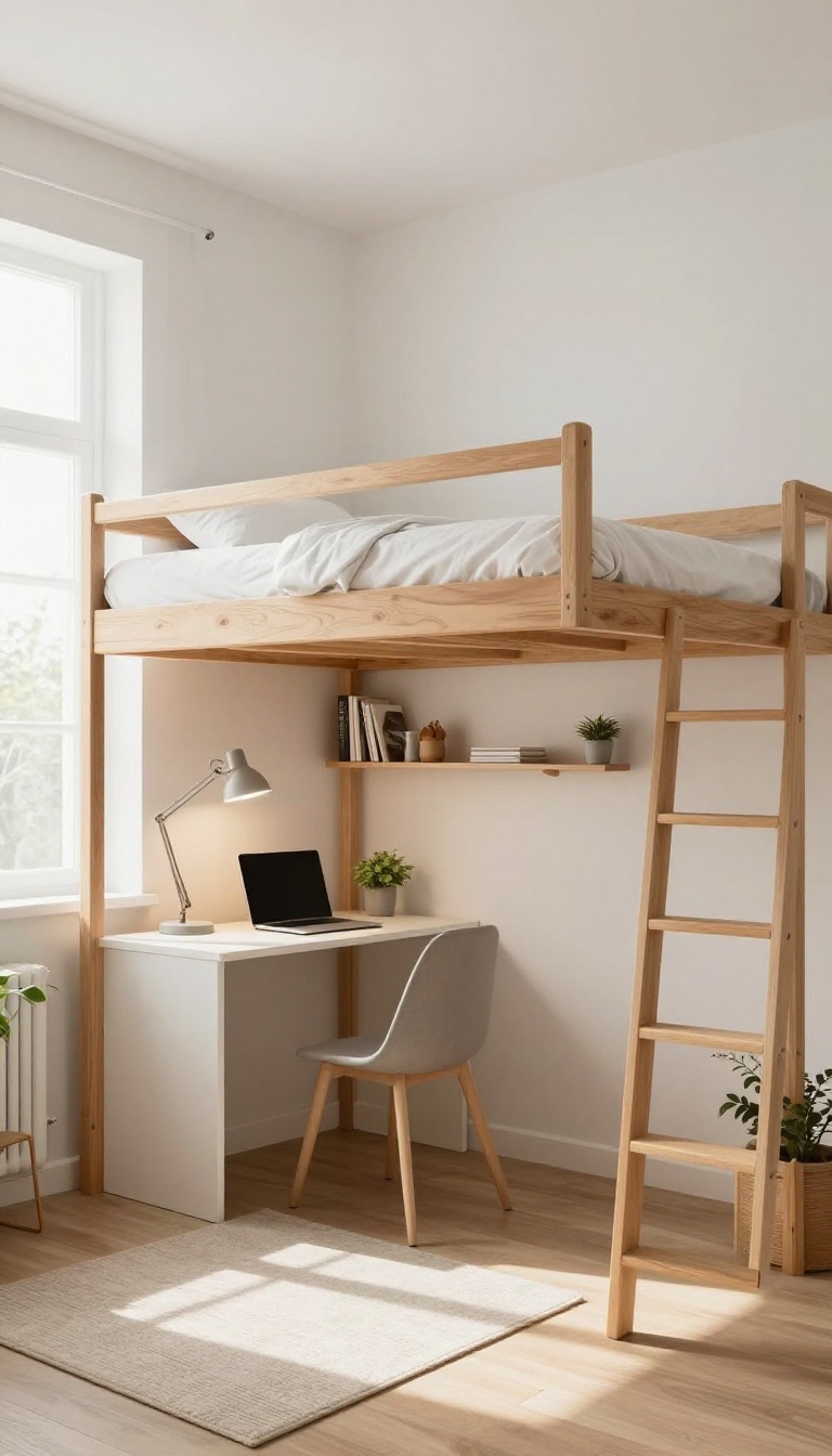 Lofted bed above a compact desk in a bright guest bedroom office combo