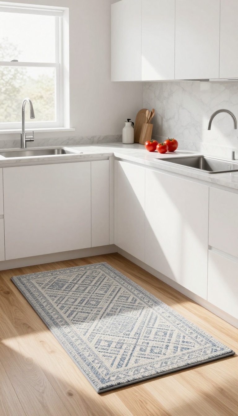 A modern kitchen with a washable runner rug in a subtle geometric pattern on a hardwood floor, styled with white cabinets and fresh produce.