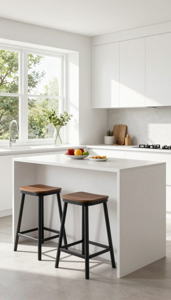 Folding bar stools tucked under a kitchen island in a bright, modern kitchen