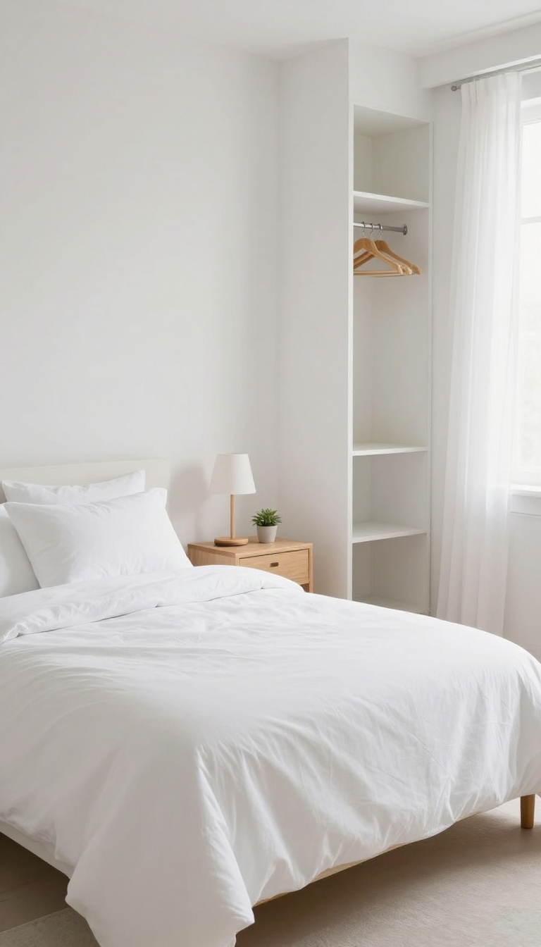 A calm guest room with clear, minimal surfaces and empty storage for guests