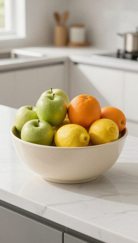 A single statement fruit bowl on a kitchen countertop, filled with colorful fruits, in a bright and clean kitchen setting.